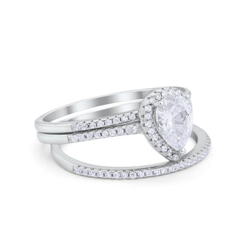 Teardrop Pear Wedding Three Piece Ring Simulated Cubic Zirconia 925 Sterling Silver